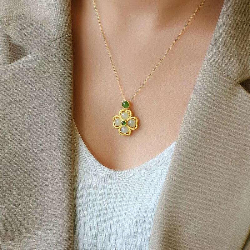Yellow Gold Filled Necklace Natural Green Jade