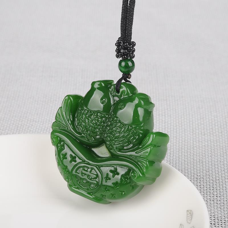 Chinese Natural Green Jade Double Carp Pendant