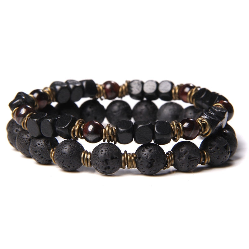 2 Chains Bracelet Set Men Vintage Stretch Bracelets