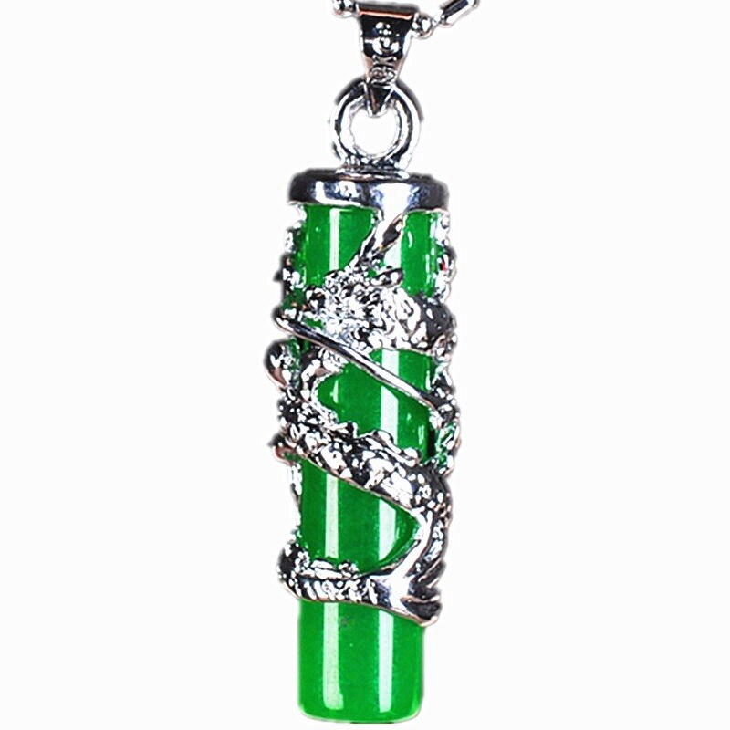 Natural Green Jade Dragon Pillar Pendant Necklace