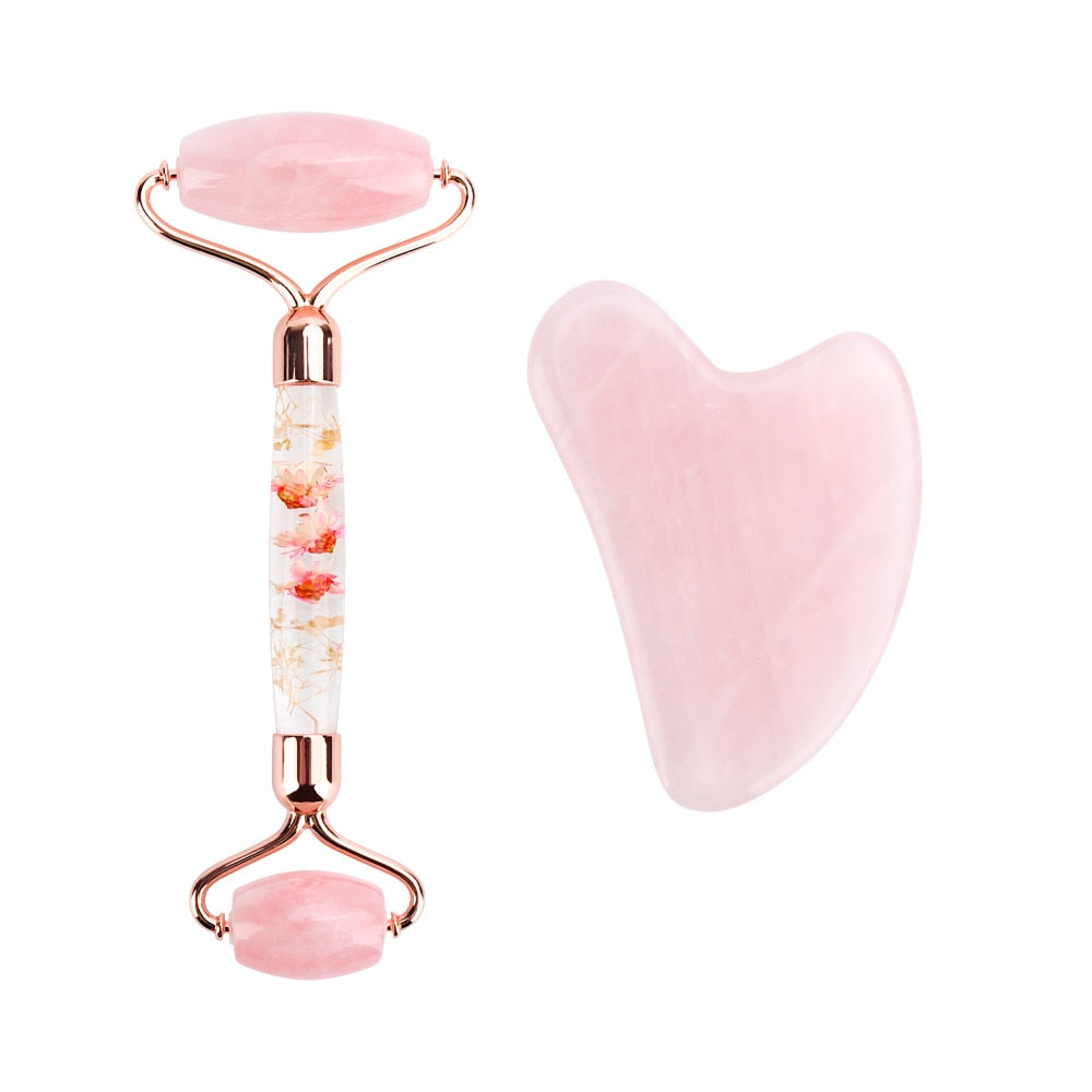 Facial Jade Roller Noiseless Rose Quartz Set Massager