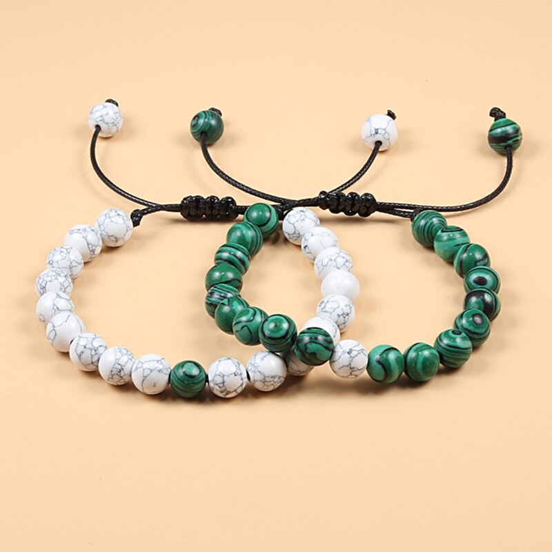 Braided Rope Couple Set Bracelet Black White Beaded