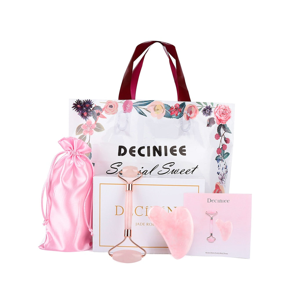 Natural Rose Quartz Jade Roller Set Facial Body Massager