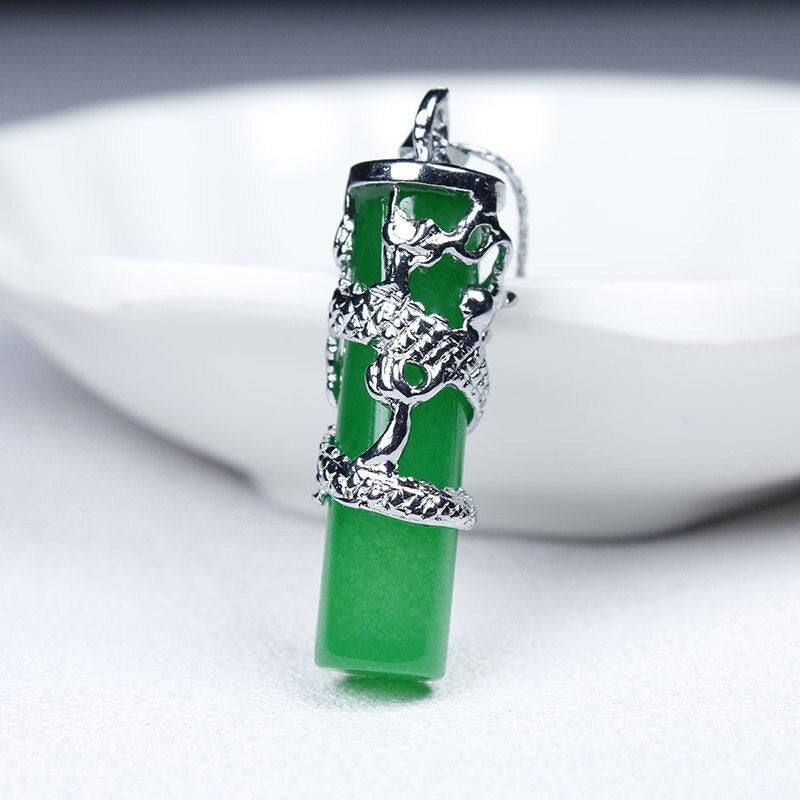 Natural Green Jade Dragon Pillar Pendant Necklace