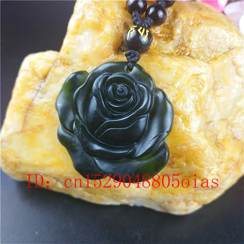 Natural Black Green Jade Rose Pendant Necklace