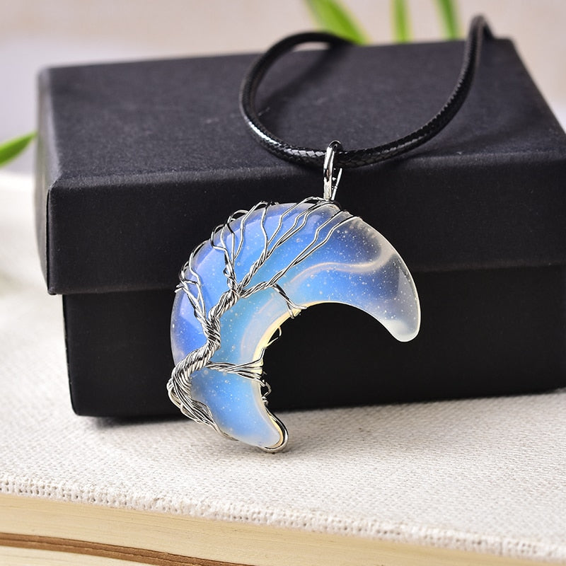 Crystal Pendant Tree Of Life Moon Shape Stone Quartz