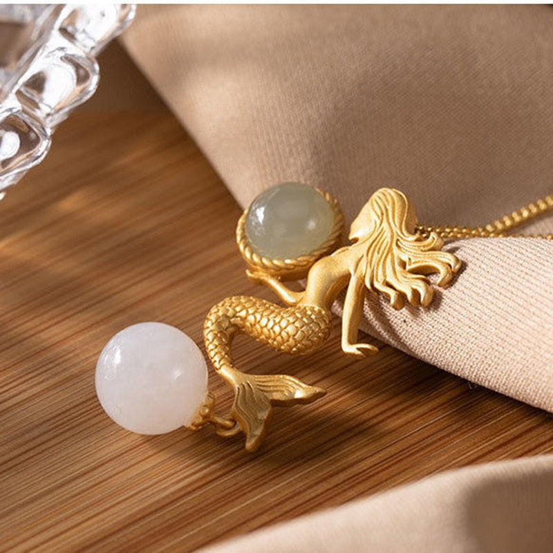Natural Hetian Jade Mermaid Pendant Necklace