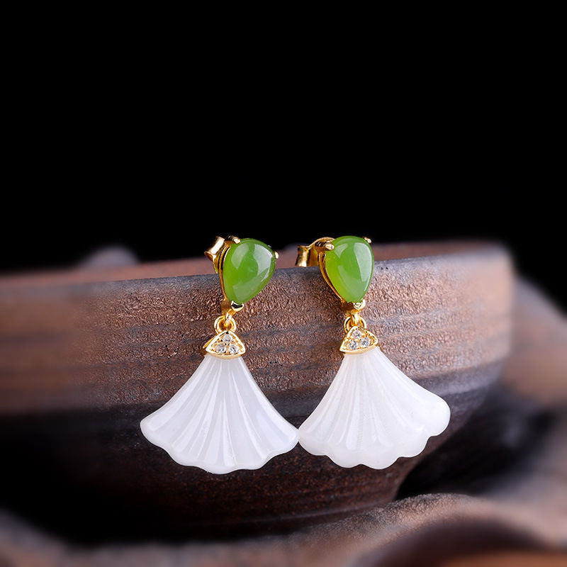 Silver inlaid natural Hetian white jade fan Earrings