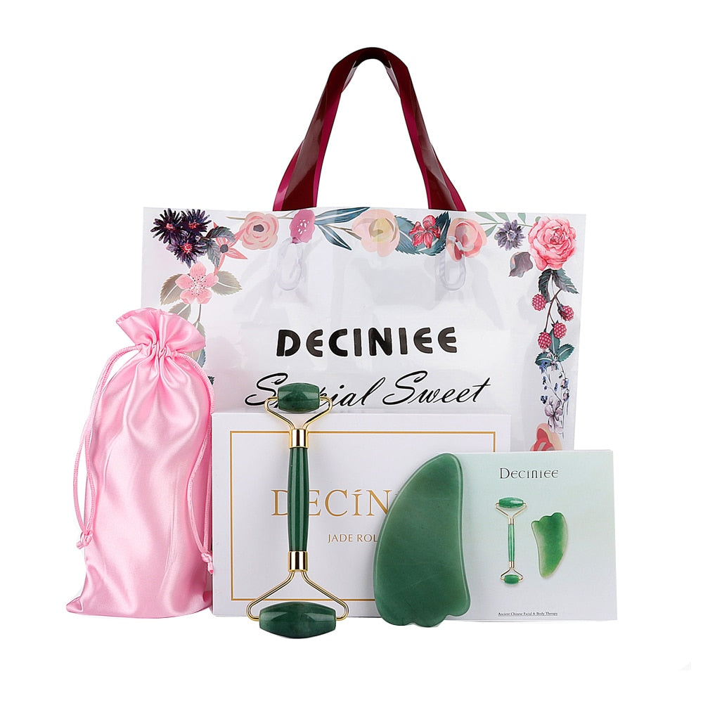 Natural Rose Quartz Jade Roller Set Facial Body Massager