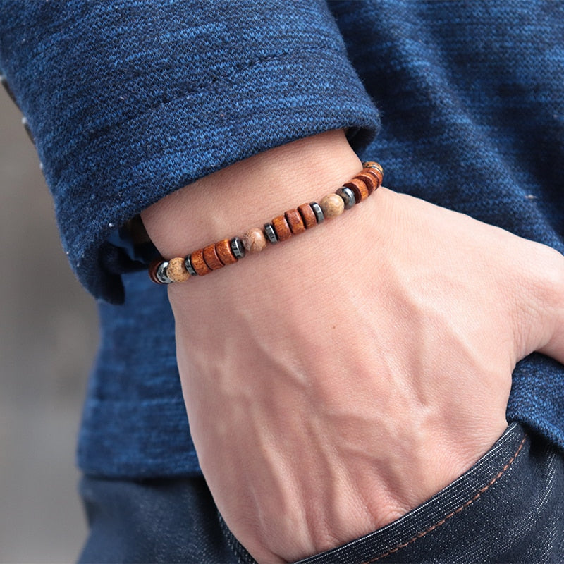 Antique Wood Bracelet Homme Natural Hematite