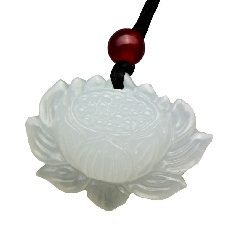 Natural White Jade Lotus Pendant Necklace