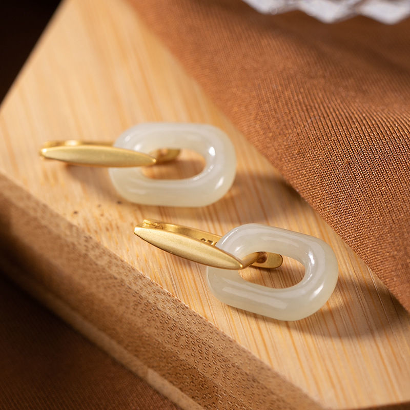 Natural Khotan jade New silver inlaid  face earrings