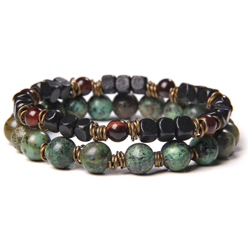 2 Chains Bracelet Set Men Vintage Stretch Bracelets