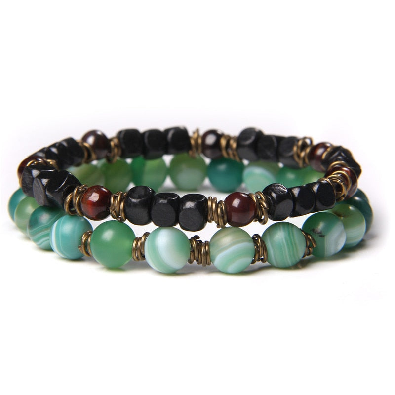 2 Chains Bracelet Set Men Vintage Stretch Bracelets