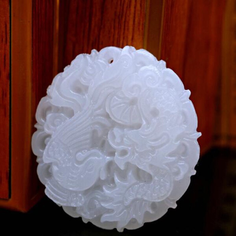 Natural White Jade Dragon Phoenix Pendant Necklace