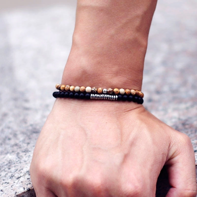 Bracelet Men Natural Volcanic Rock Tiger Eye Beaded