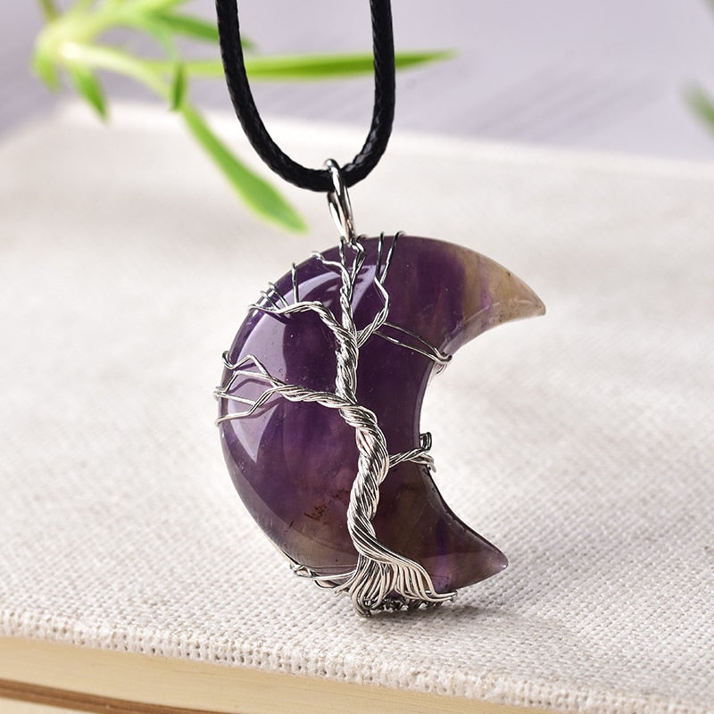 Crystal Pendant Tree Of Life Moon Shape Stone Quartz