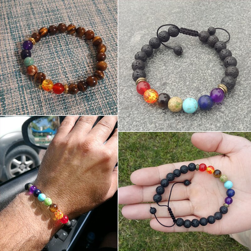 7 Chakra Bracelet Men Black Lava Tiger Eye Stones