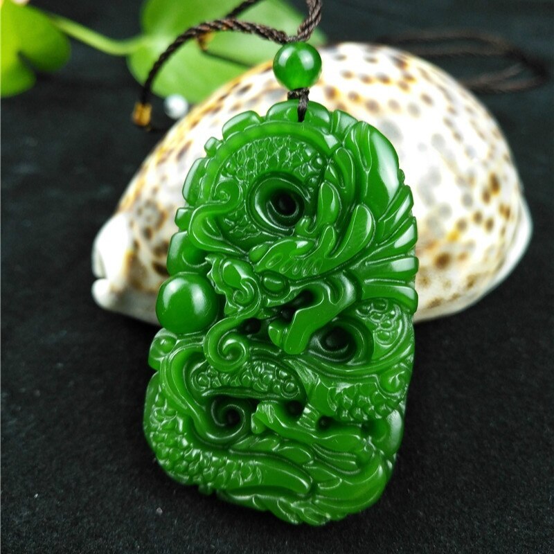 Green Hetian Carved Jade Stone Dragon Pendant