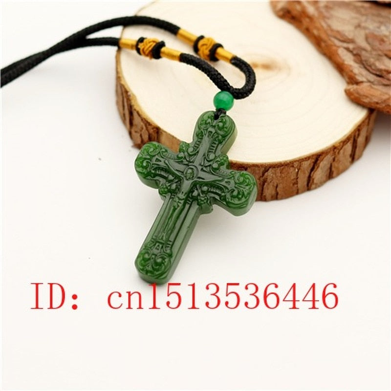 Green Jade Cross Jesus Carved Pendant