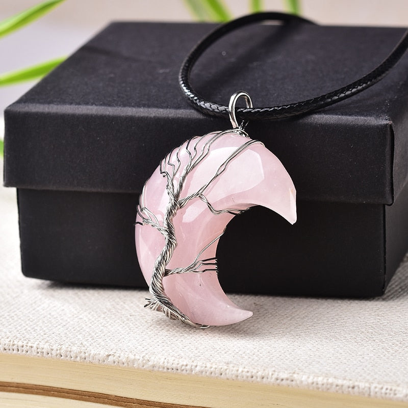 Crystal Pendant Tree Of Life Moon Shape Stone Quartz