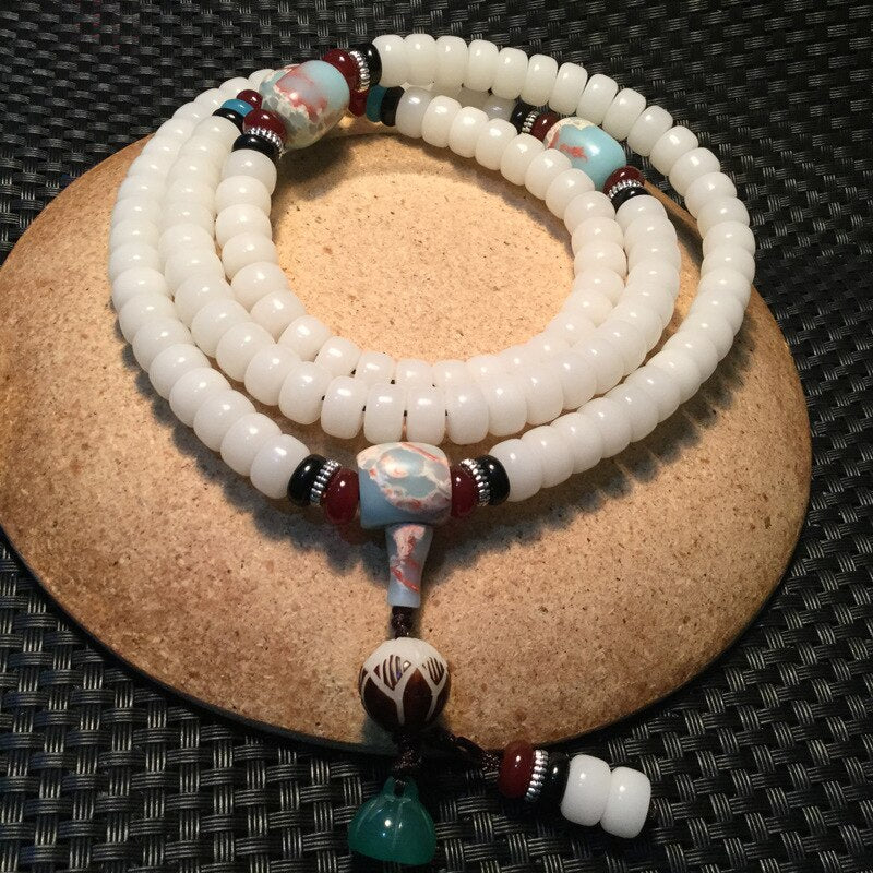 White Bodhi Root Beads Bracelet Lotus Mala Necklace