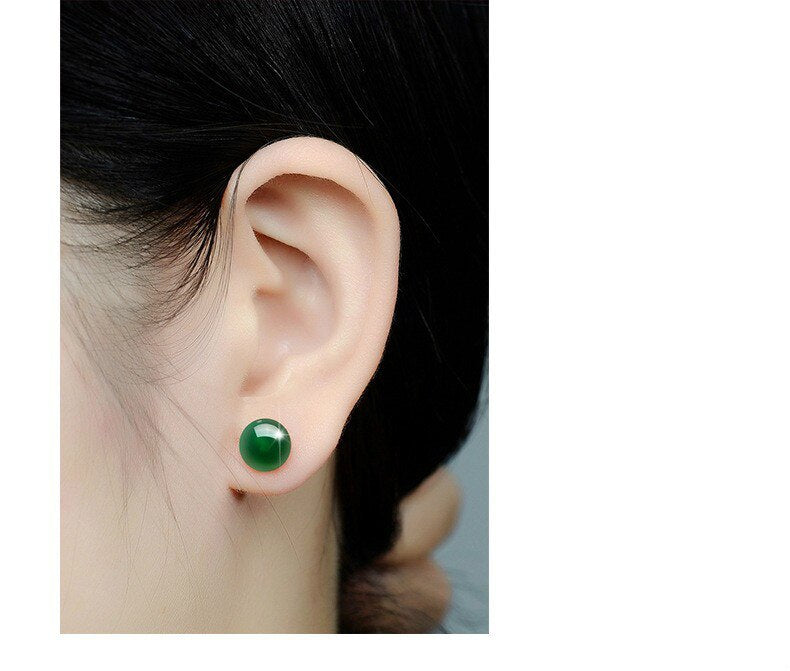 Natural Green Jade Chalcedony Round Earrings