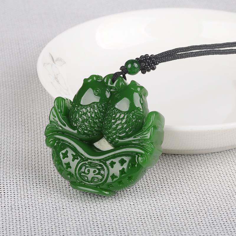 Chinese Natural Green Jade Double Carp Pendant