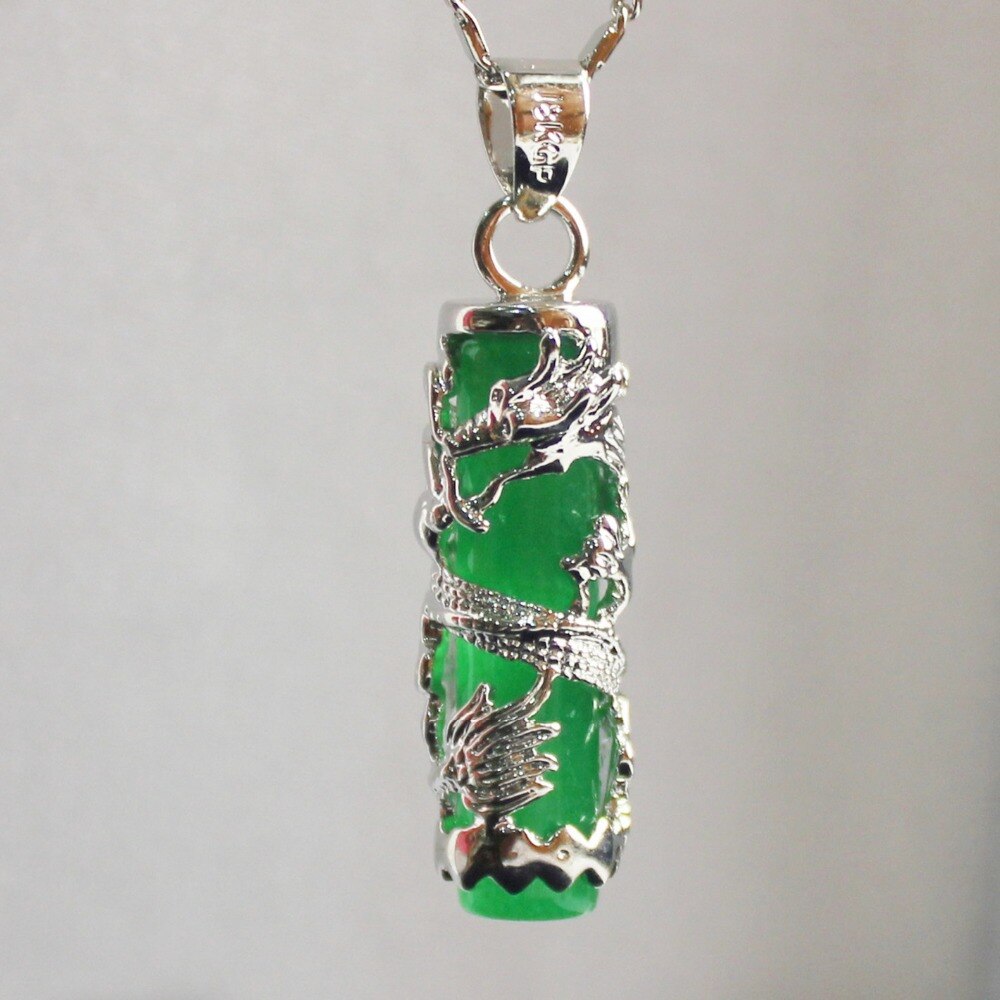 Natural Green Jade Dragon Pillar Pendant Necklace