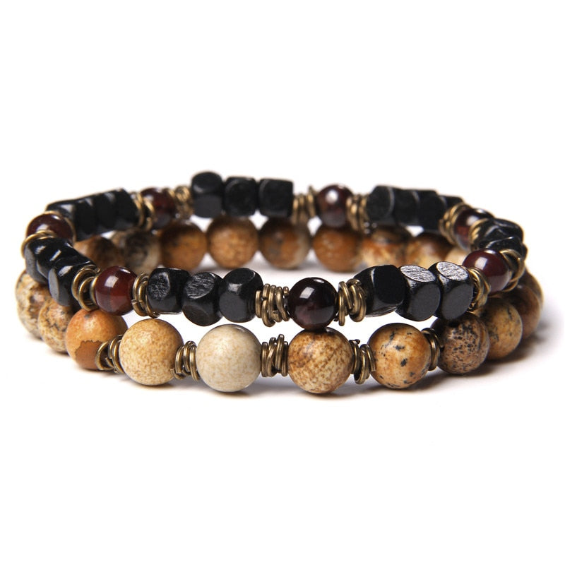 2 Chains Bracelet Set Men Vintage Stretch Bracelets
