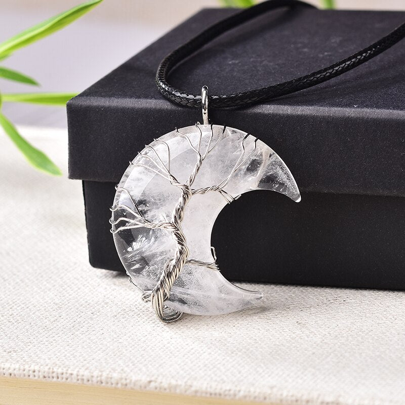 Crystal Pendant Tree Of Life Moon Shape Stone Quartz