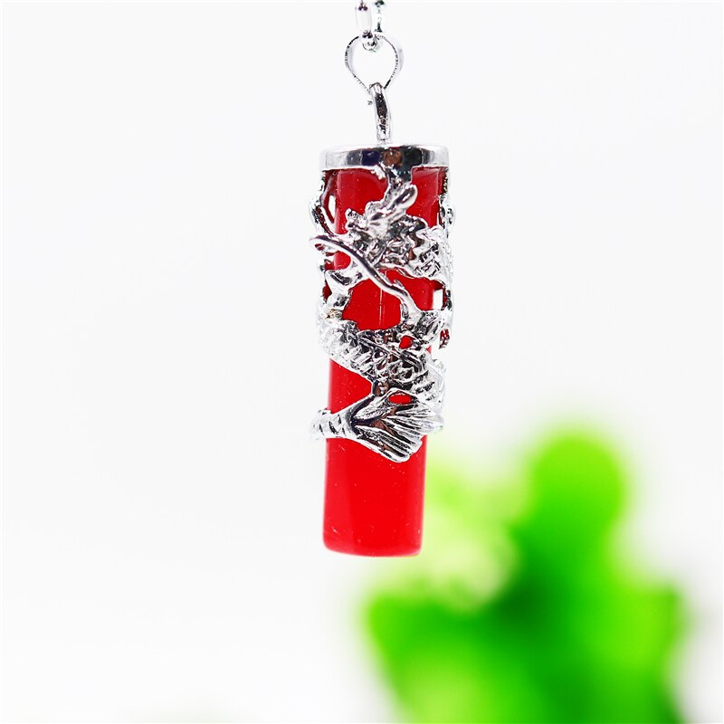 Natural Green Jade Dragon Pillar Pendant Necklace