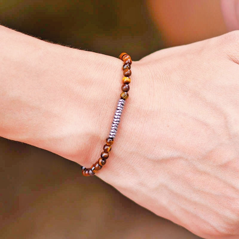 Bracelet Men Natural Volcanic Rock Tiger Eye Beaded