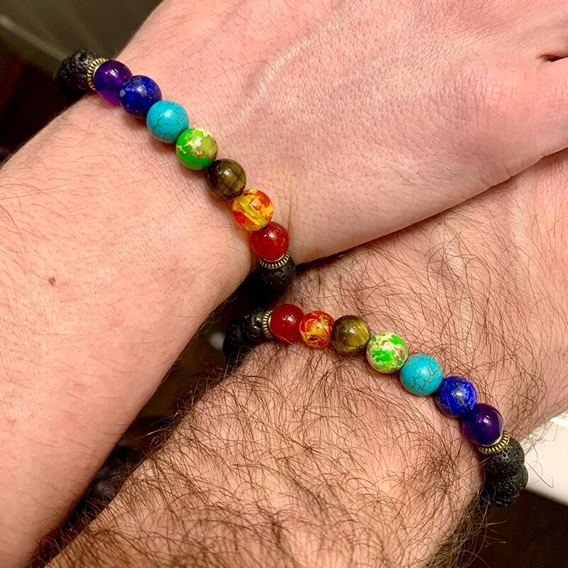 7 Chakra Bracelet Men Black Lava Tiger Eye Stones