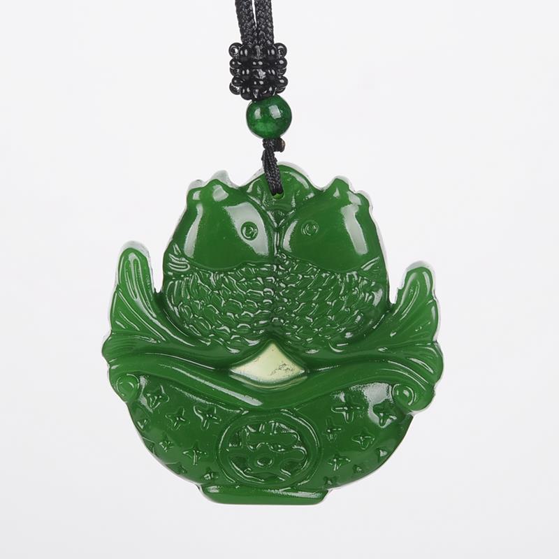 Chinese Natural Green Jade Double Carp Pendant