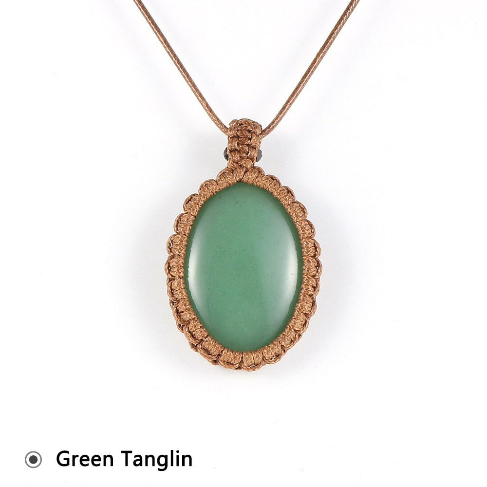 Women Men Natural Oval Gem Stone Necklace Crystal