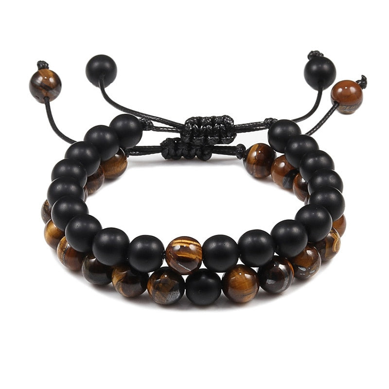 Braided Rope Couple Set Bracelet Black White Beaded