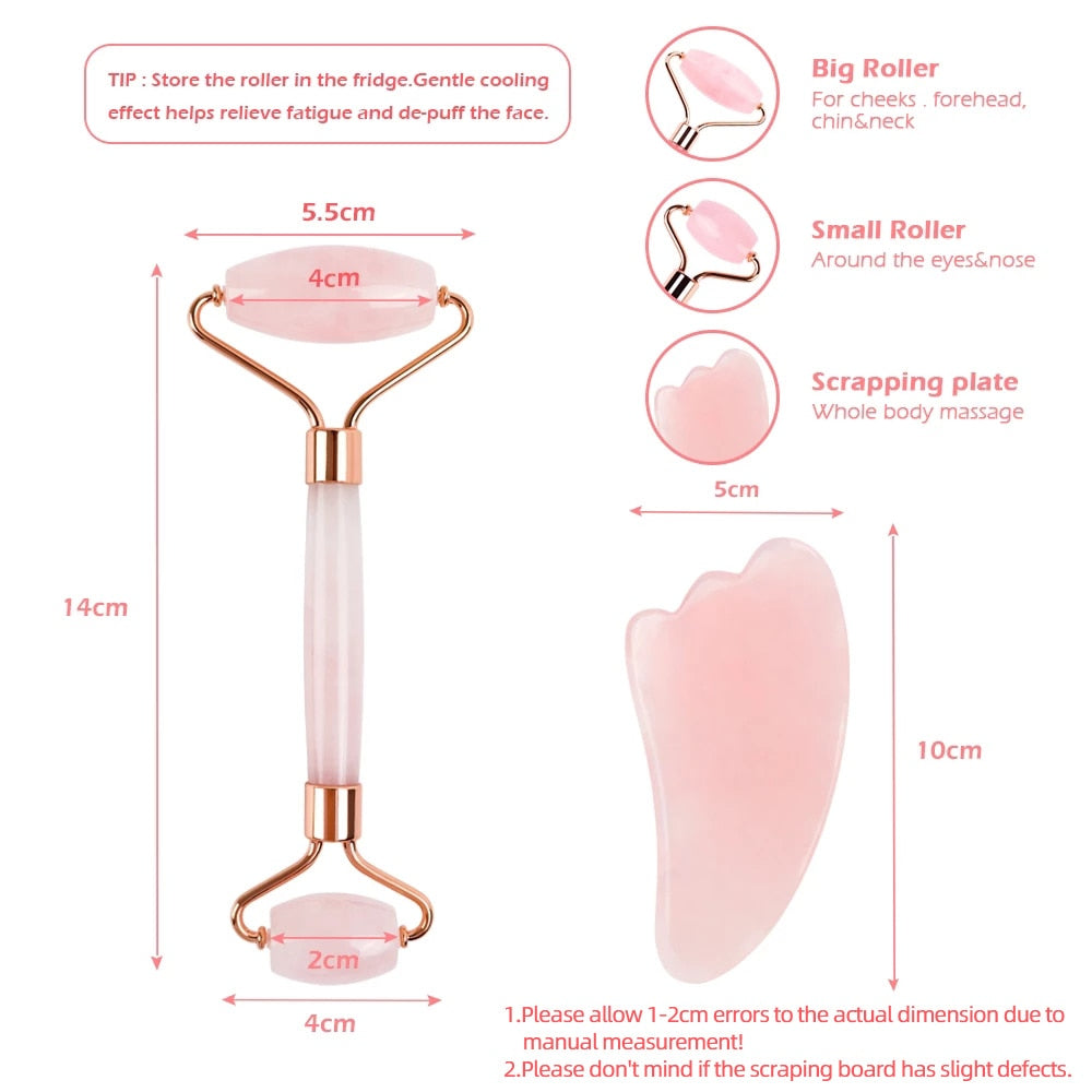 Facial Jade Roller Noiseless Rose Quartz Set Massager