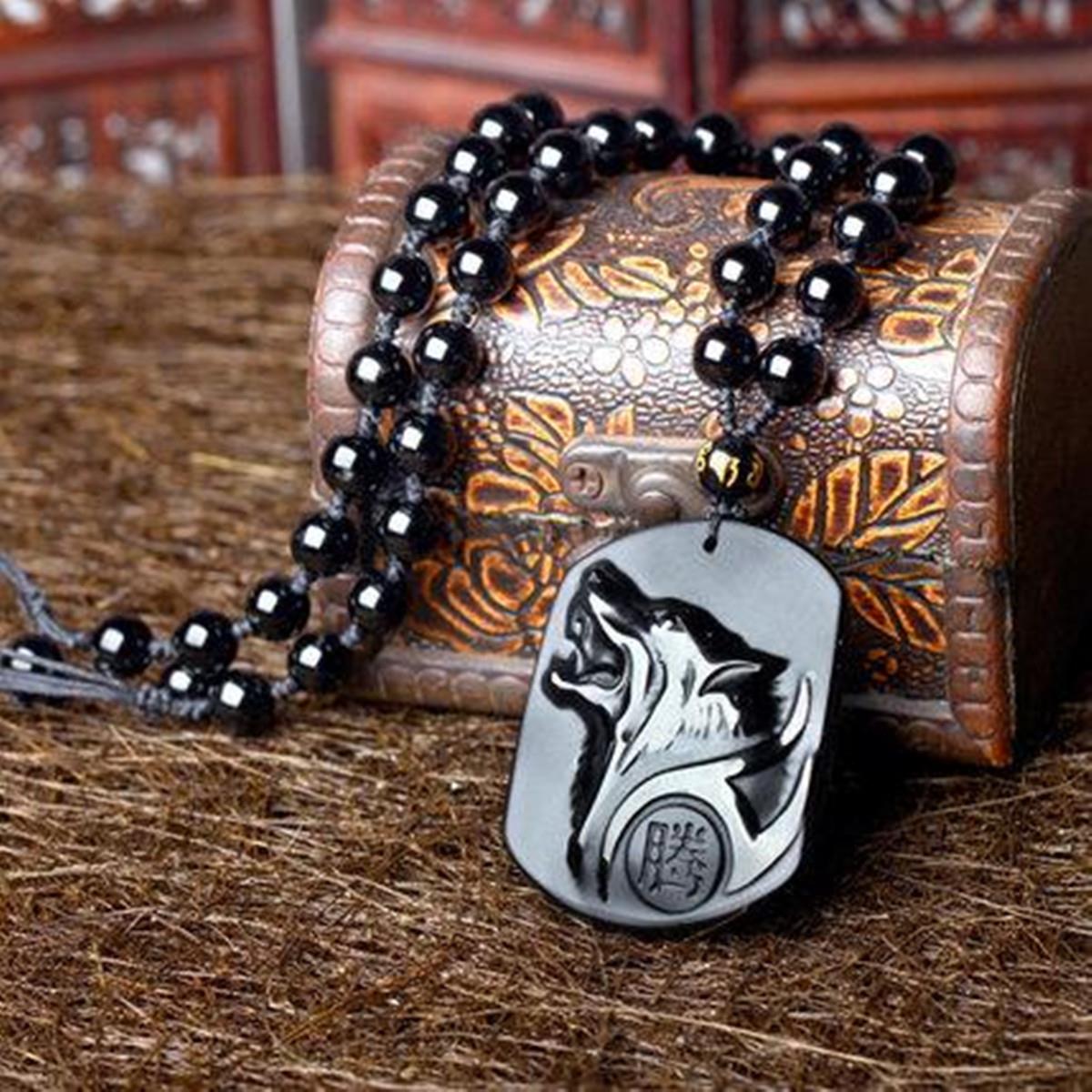 Black Obsidian Carving Wolf Head Amulet Necklace
