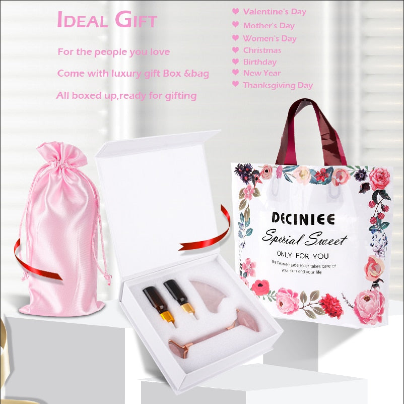 Natural Rose Quartz Jade Roller Set Facial Body Massager