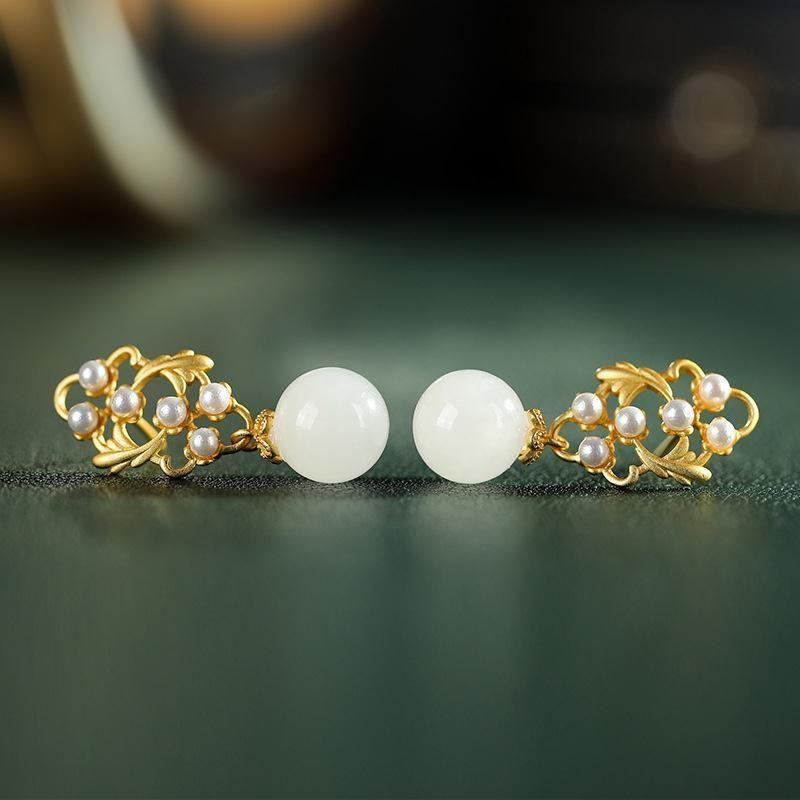 New silver with natural Hotan jade round bead long earrings