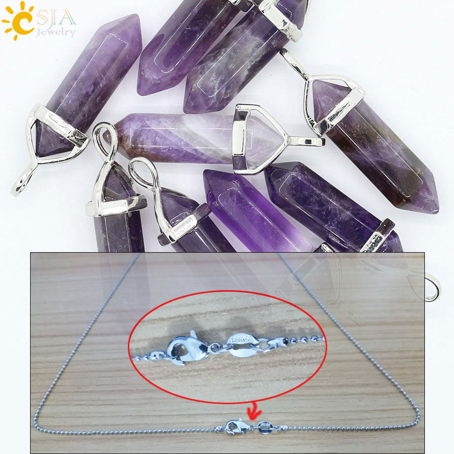 Raw Pink Purple Gem Crystals Necklace Hexagonal