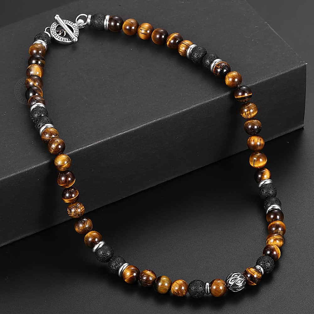 Unique Natural Tiger Eyes Stone Lava Bead Necklace