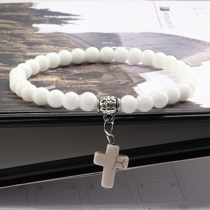Vintage Cross Natural Stone 6mm Beads Bracelet