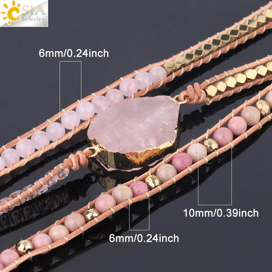 Natural Stone Bracelet Pink Quartz Leather Wrap