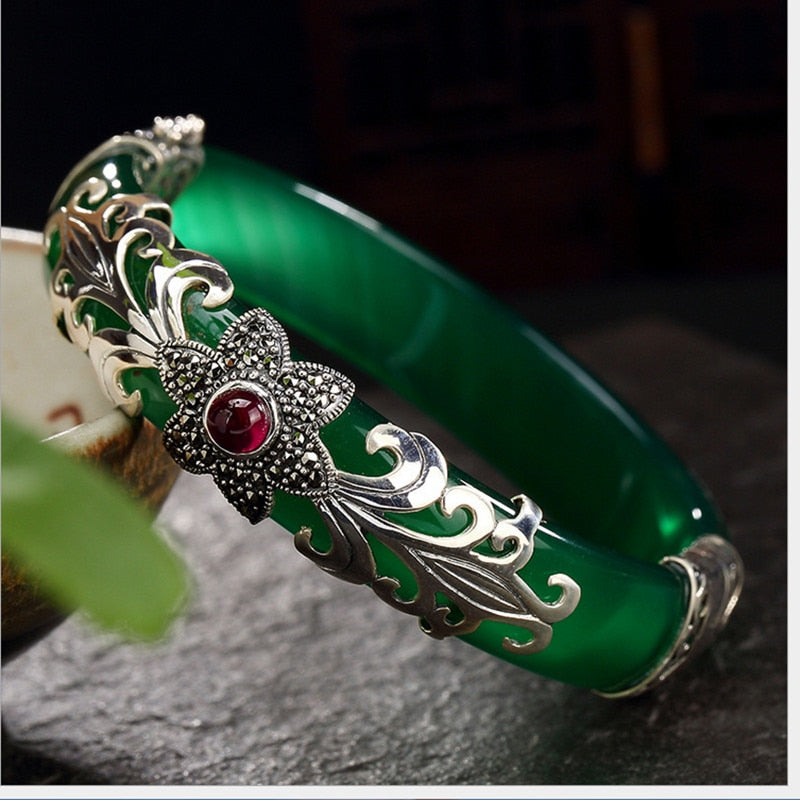 Ethnic Vines Thai Silver Jade Flower Ruby Bangles