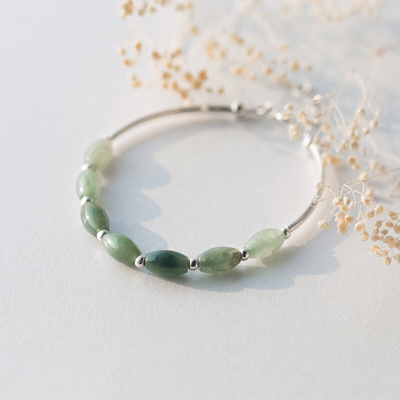 Natural Stone Green Jade 925 Sterling Silver Bangle Bracelets