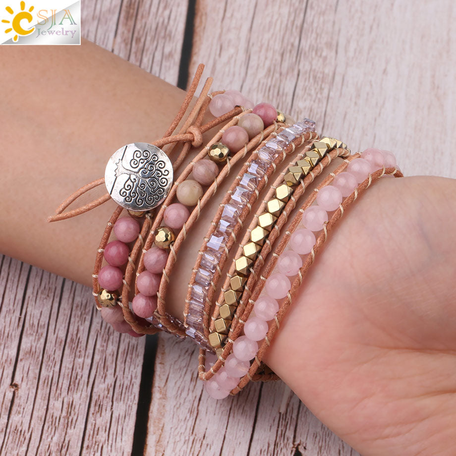 Natural Stone Bracelet Pink Quartz Leather Wrap