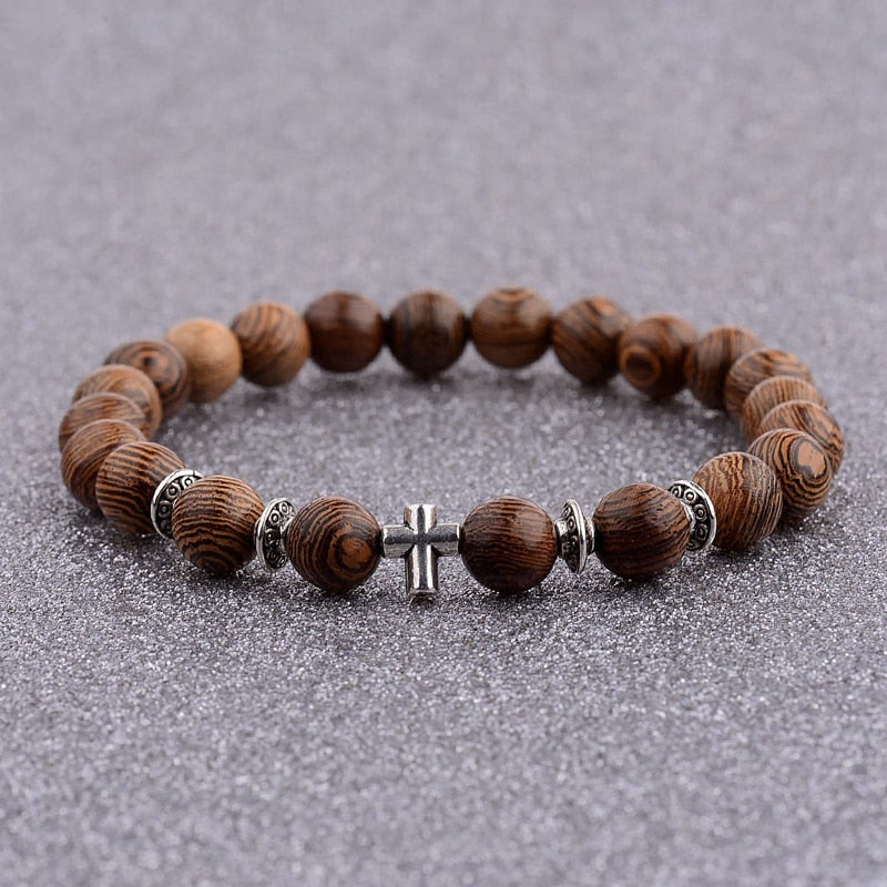 Wood Beads Cross Bracelets Onyx Meditation Prayer