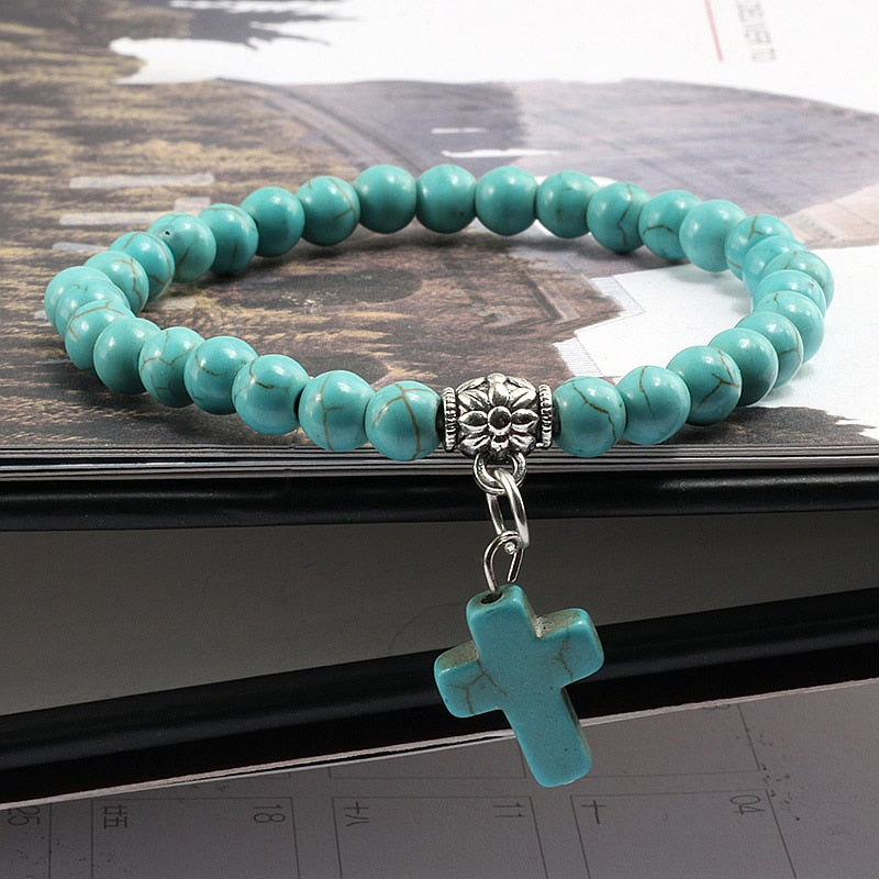Vintage Cross Natural Stone 6mm Beads Bracelet